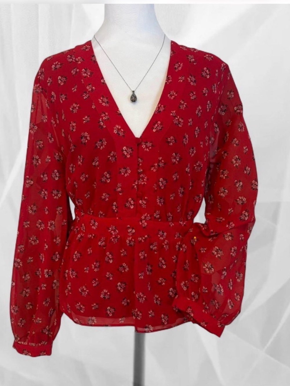 Madewell Red Floral V-Neck Peplum Blouse